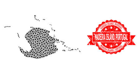 Pinpoint mosaic map of Juventud Island and scratched ribbon stamp. Red stamp has Madeira Island, Portugal tag inside ribbon. Abstract map of Juventud Island is constructed with randomized aim symbols.のイラスト素材