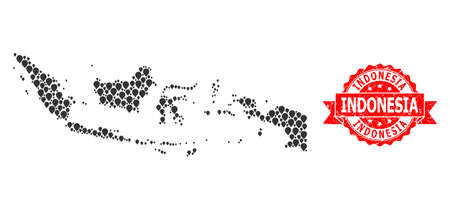 Pointer collage map of Indonesia and grunge ribbon stamp. Red stamp seal includes Indonesia text inside ribbon. Abstract map of Indonesia is designed of scattered mark symbols. Abstract plan.のイラスト素材