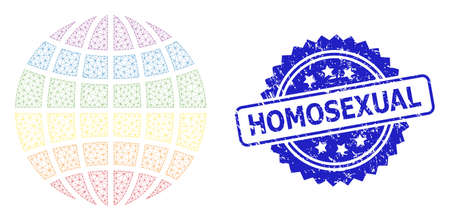 Homosexual unclean stamp seal and vector LGBT globe mesh model. Blue seal contains Homosexual caption inside rosette. Abstract flat mesh LGBT globe, built from flat mesh.のイラスト素材