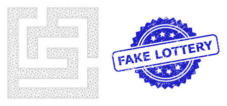 Fake Lottery corroded seal and vector labyrinth mesh structure. Blue stamp contains Fake Lottery text inside rosette. Abstract flat mesh labyrinth, built from flat mesh.のイラスト素材