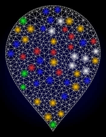 Glowing network map pointer with glowing spots. Illuminated vector model based on map pointer icon. Sparkle carcass polygonal map pointer on a dark blue gradient background.のイラスト素材