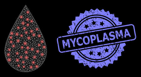 Glowing mesh blood drop with glowing spots, and Mycoplasma scratched ribbon seal print. Blue stamp contains Mycoplasma text inside rosette. Illuminated vector constellation based on blood drop icon.のイラスト素材