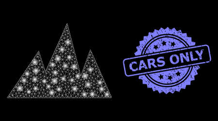 Glowing network mountains with glowing spots, and Cars Only textured ribbon stamp. Blue stamp seal contains Cars Only caption inside rosette. Illuminated vector constellation based on mountains icon.のイラスト素材