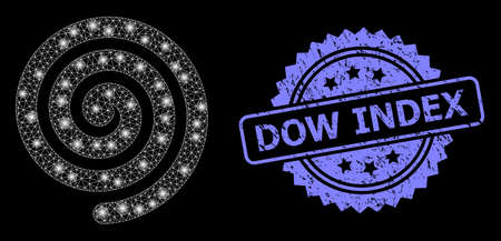 Glowing network hypnosis spiral with glowing spots, and Dow Index scratched ribbon seal imitation. Blue stamp seal includes Dow Index title inside rosette.のイラスト素材