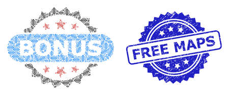 Vector recursive mosaic bonus tag, and Free Maps dirty stamp seal. Blue seal contains Free Maps tag inside rosette. Vector mosaic is organized of randomized rotated bonus tag icons.のイラスト素材