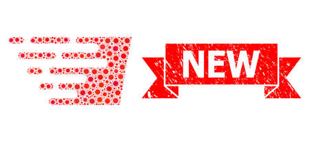 Vector mosaic fast effect of virus, and New grunge ribbon stamp seal. Virus particles inside fast effect mosaic. Red stamp seal has New caption inside ribbon.のイラスト素材