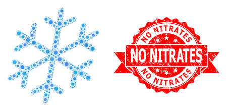 Vector mosaic snowflake of covid-2019 virus, and No Nitrates grunge ribbon seal imitation. Virus cells inside snowflake composition. Red seal contains No Nitrates text inside ribbon.のイラスト素材