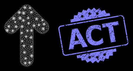 Shiny mesh web arrow up with glowing spots, and Act textured rosette stamp seal. Illuminated vector constellation created from arrow up icon. Blue stamp seal contains Act title inside rosette.のイラスト素材