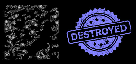 Glowing mesh web destructed with glowing spots, and Destroyed rubber rosette seal print. Illuminated vector constellation created from destructed icon.のイラスト素材