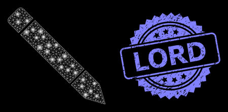 Glare mesh net pencil with light spots, and Lord scratched rosette seal. Illuminated vector constellation created from pencil icon. Blue seal has Lord caption inside rosette.のイラスト素材