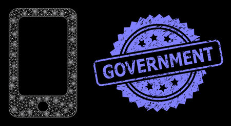 Bright mesh net smartphone with glowing spots, and Government unclean rosette stamp seal. Illuminated vector constellation created from smartphone icon.のイラスト素材