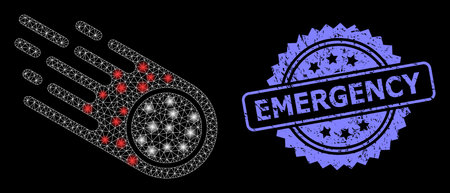 Shiny mesh net falling meteorite with lightspots, and Emergency grunge rosette seal. Illuminated vector model created from falling meteorite icon.のイラスト素材