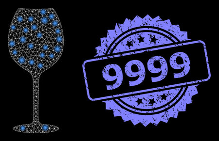 Glowing mesh network wine glass with glowing spots, and 9999 corroded rosette seal imitation. Illuminated vector constellation created from wine glass icon.のイラスト素材