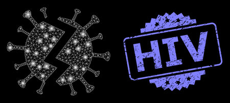 Glowing mesh network broken virus with light spots, and HIV dirty rosette stamp. Illuminated vector model created from broken virus icon. Blue stamp contains HIV title inside rosette.のイラスト素材