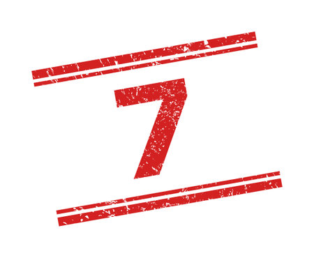 Red 7 stamp on a white background. Flat vector grunge seal stamp with 7 message inside double parallel lines. Imprint with corroded texture.のイラスト素材