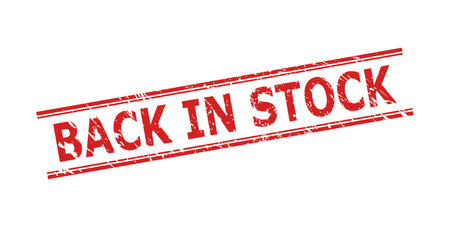 Red BACK IN STOCK seal stamp on a white background. Flat vector textured seal stamp with BACK IN STOCK caption inside double parallel lines. Imprint with grunged texture.のイラスト素材