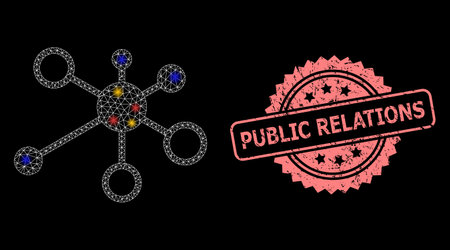 Glare mesh web relations with glowing spots, and Public Relations dirty rosette seal. Illuminated vector model created from relations icon. Pink stamp seal has Public Relations caption inside rosette.のイラスト素材