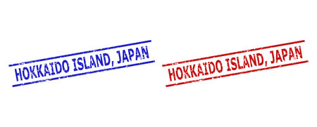 Blue and red HOKKAIDO ISLAND, JAPAN seal stamps on a white background. Flat vector distress seal stamps with HOKKAIDO ISLAND, JAPAN text inside 2 parallel lines. Watermarks with grunge style.のイラスト素材