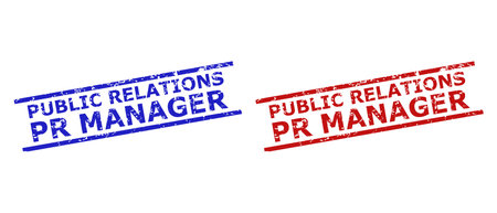 Blue and red PUBLIC RELATIONS PR MANAGER stamps on a white background. Flat vector distress stamps with PUBLIC RELATIONS PR MANAGER text between two parallel lines. Watermarks with grunged surface.のイラスト素材