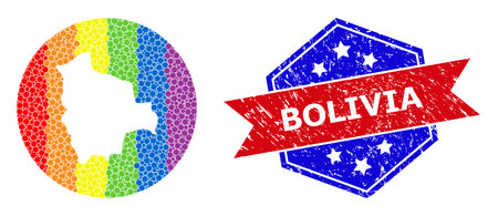 Dotted spectrum map of Bolivia mosaic designed with circle and subtracted shape, and grunge seal stamp. LGBTQ spectrum colored dots around empty map of Bolivia. Bicolor seal uses red and blue colors,のイラスト素材