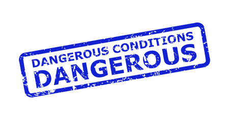 Blue DANGEROUS CONDITIONS seal on a white background. Flat vector grunge seal with DANGEROUS CONDITIONS message is inside rounded rectangular frame. Rubber imitation with scratched surface.のイラスト素材