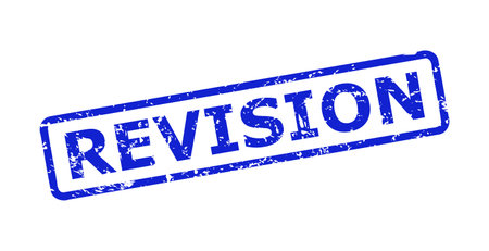 Blue REVISION watermark on a white background. Flat vector textured watermark with REVISION caption is inside rounded rectangle frame. Watermark with grunge surface.