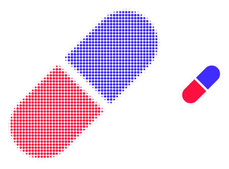 Medication pill halftone dot icon illustration. Halftone array contains circle pixels. Vector illustration of medication pill icon on a white background. Flat abstraction for medication pill object.のイラスト素材