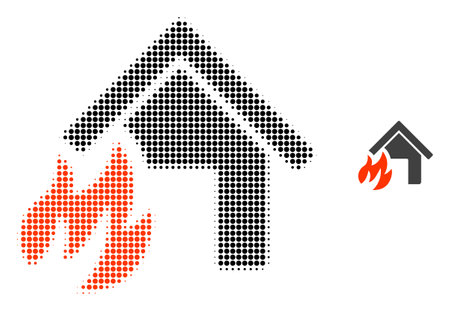 House fire disaster halftone dotted icon illustration. Halftone pattern contains circle elements. Vector illustration of house fire disaster icon on a white background.のイラスト素材