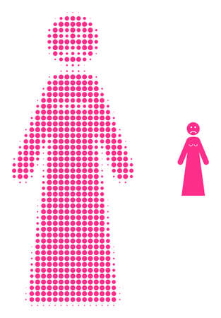 Sad woman halftone dotted icon illustration. Halftone pattern contains circle elements. Vector illustration of sad woman icon on a white background. Flat abstraction for sad woman pictogram.のイラスト素材