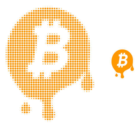 Melting bitcoin halftone dotted icon illustration. Halftone array contains round elements. Vector illustration of melting bitcoin icon on a white background.のイラスト素材