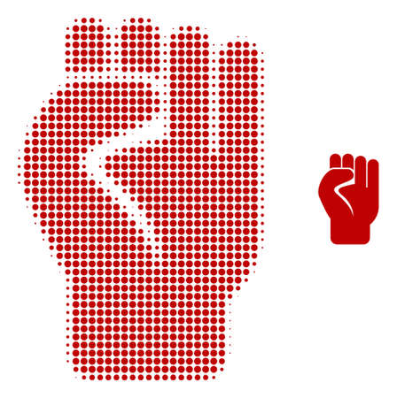 Clenched fist halftone dot icon illustration. Halftone array contains circle dots. Vector illustration of clenched fist icon on a white background. Flat abstraction for clenched fist object.のイラスト素材