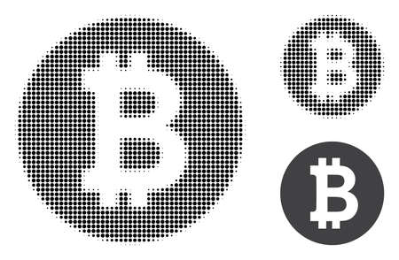 Bitcoin coin halftone dotted icon. Halftone array contains circle points. Vector illustration of bitcoin coin icon on a white background.のイラスト素材