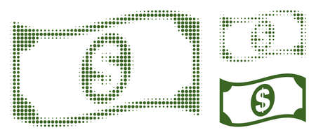 Waving dollar banknote halftone dotted icon. Halftone array contains circle points. Vector illustration of waving dollar banknote icon on a white background.のイラスト素材