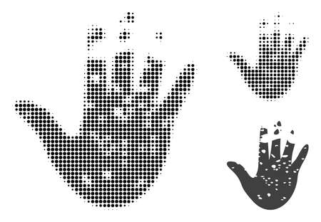 Destructed hand halftone dotted icon. Halftone array contains circle dots. Vector illustration of destructed hand icon on a white background.のイラスト素材