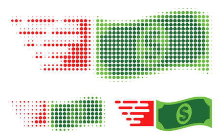 Flying dollar banknote halftone dotted icon. Halftone array contains circle pixels. Vector illustration of flying dollar banknote icon on a white background.のイラスト素材
