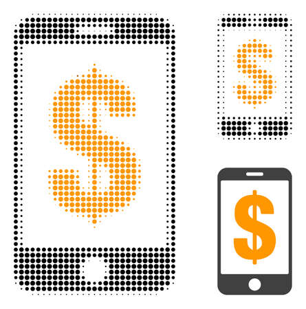 Mobile dollar bank halftone dotted icon. Halftone pattern contains circle dots. Vector illustration of mobile dollar bank icon on a white background.のイラスト素材