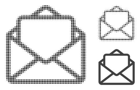 Open letter halftone dotted icon. Halftone array contains round points. Vector illustration of open letter icon on a white background.のイラスト素材