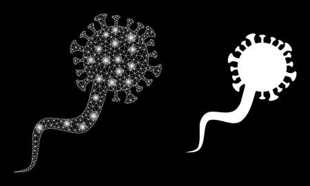 Glowing mesh polygonal virion virus with light spots. Illuminated vector constellation created from virion virus icon with white mesh. Sparkle carcass mesh polygonal virion virus.のイラスト素材