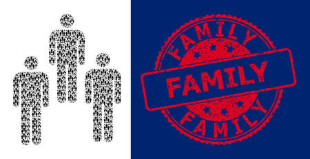 Family rubber round stamp seal and vector recursion mosaic people. Red stamp seal includes Family text inside. Vector collage is formed of repeating people pictograms.のイラスト素材