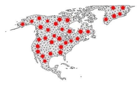 Wire frame polygonal map of North America and Greenland under lockdown. Vector structure is created from map of North America and Greenland with red centers.のイラスト素材