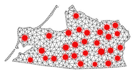 Wire frame polygonal map of Kaliningrad Region under lockdown. Vector model is created from map of Kaliningrad Region with red nodes. Lines and viruses form map of Kaliningrad Region.のイラスト素材