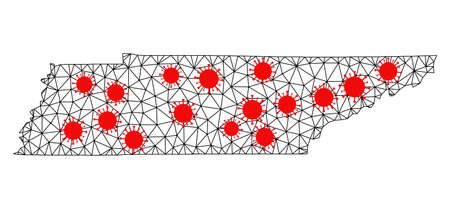 Mesh polygonal map of Tennessee State under lockdown. Vector model is created from map of Tennessee State with red  elements. Lines and viruses are combined into map of Tennessee State.のイラスト素材
