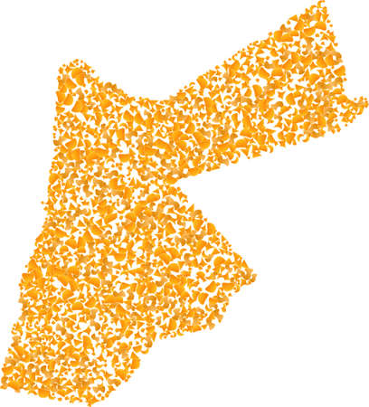 Golden mosaic Map of Jordan. Golden collage for map of Jordan. Vector collage of yellow debris part. Mosaic map of Jordan constructed with golden fragments. Yellow color shades are used.のイラスト素材