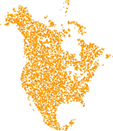 Gold mosaic Map of North America. Gold composition for map of North America. Vector mosaic of yellow debris items. Mosaic map of North America is constructed with gold items.のイラスト素材
