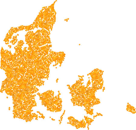 Gold mosaic Map of Denmark. Gold composition for map of Denmark. Vector mosaic of yellow detritus elements. Mosaic map of Denmark designed with golden elements. Yellow color shades are used.のイラスト素材