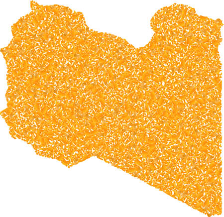 Gold mosaic Map of Libya. Gold collage for map of Libya. Vector collage of yellow spall elements. Mosaic map of Libya constructed with golden elements. Yellow color tints are used.のイラスト素材