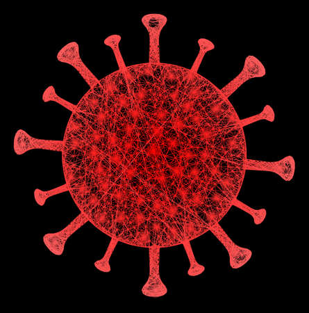 Magic net mesh red virus with light spots on a black background. Illuminated vector structure is based on red virus picture, with irregular mesh and light spots.の写真素材