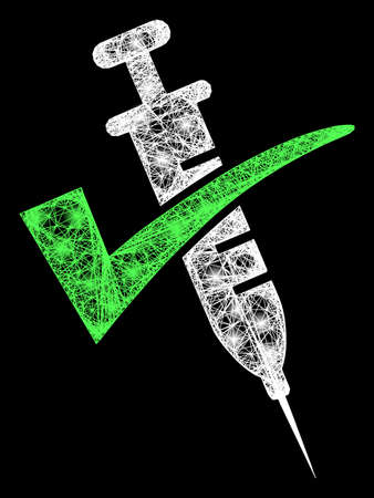 Glossy net mesh vaccine confirmed with light spots on a black background. Light vector mesh is created from vaccine confirmed icon, with hatched net and light dots.のイラスト素材