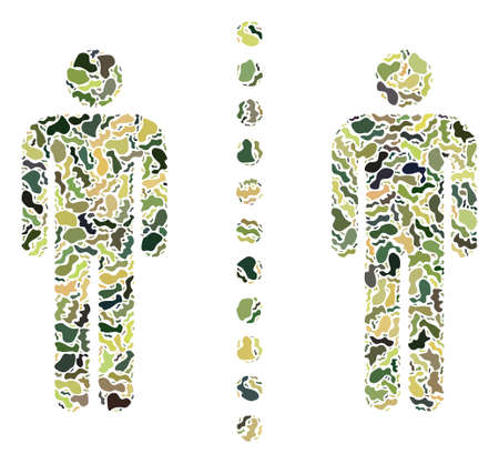 Military camouflage combination for social distance icon. Mosaic social distance image constructed with camo items. Army flat design for military illustrations.のイラスト素材