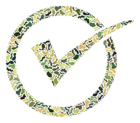 Military camouflage combination for yes tick icon. Mosaic yes tick icon constructed with camouflage spots. Army flat design for military posters.のイラスト素材